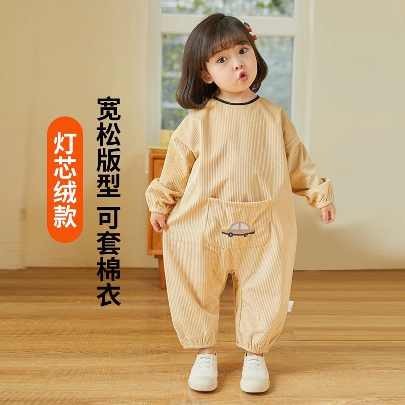宝宝灯芯绒连体罩衣儿童护衣婴儿防脏爬爬服一岁男女孩围衣秋冬