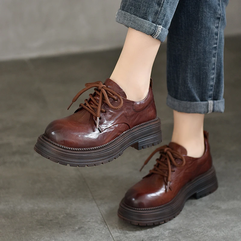 手抓纹头层牛皮复古擦色鞋2024新款系带厚底单鞋低帮圆头女鞋