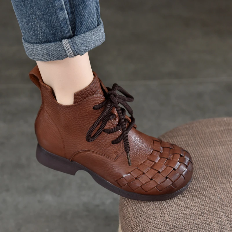 复古手工编织真皮女靴软底矮靴2024秋季新款头层牛皮系带圆头短靴