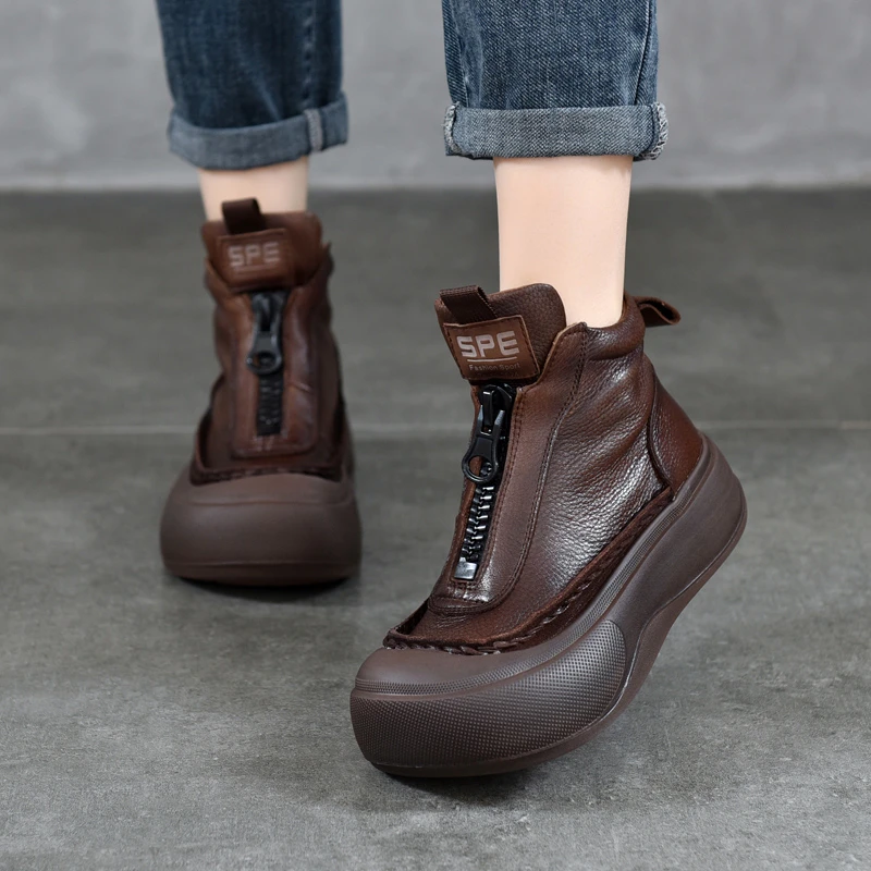 小众设计感包头休闲女鞋前拉链中帮单鞋真皮厚底板鞋2024秋季新款