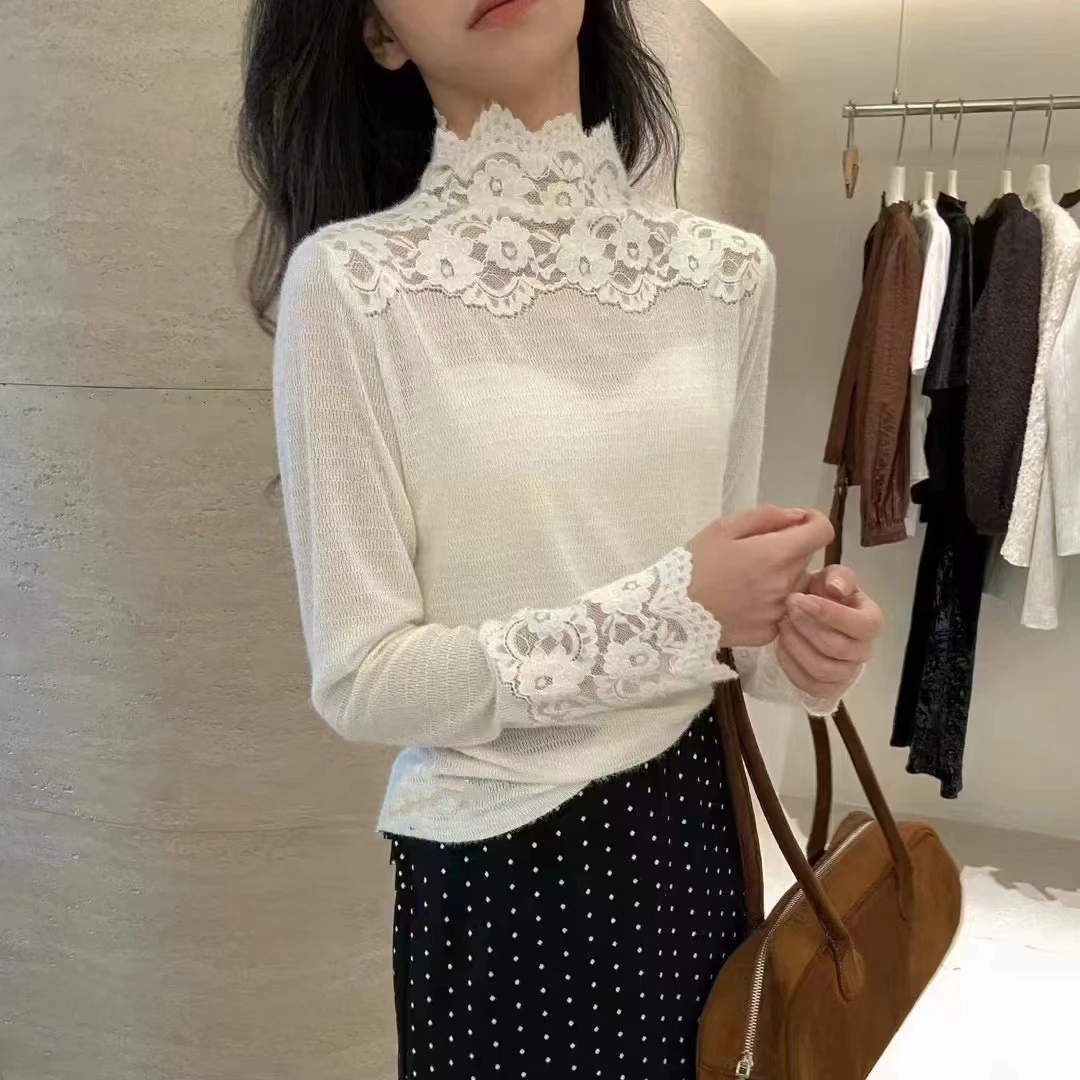 高领拼接蕾丝花边镂空显瘦打底衫加绒加厚时尚百搭长袖打底