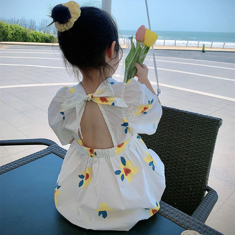 儿童裙子夏季韩系女童2023新款碎花短袖连衣裙宝宝洋气露背公主裙