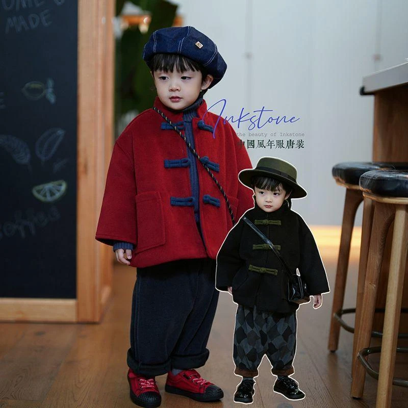 儿童唐装年服汉服礼服男女童呢子大衣宝宝夹棉外套炸街冬装黑红潮