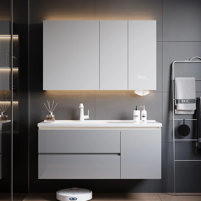 门罗丽诗陶瓷一体盆现代轻奢实木智能镜洗漱洗手洗脸盆浴室柜组合