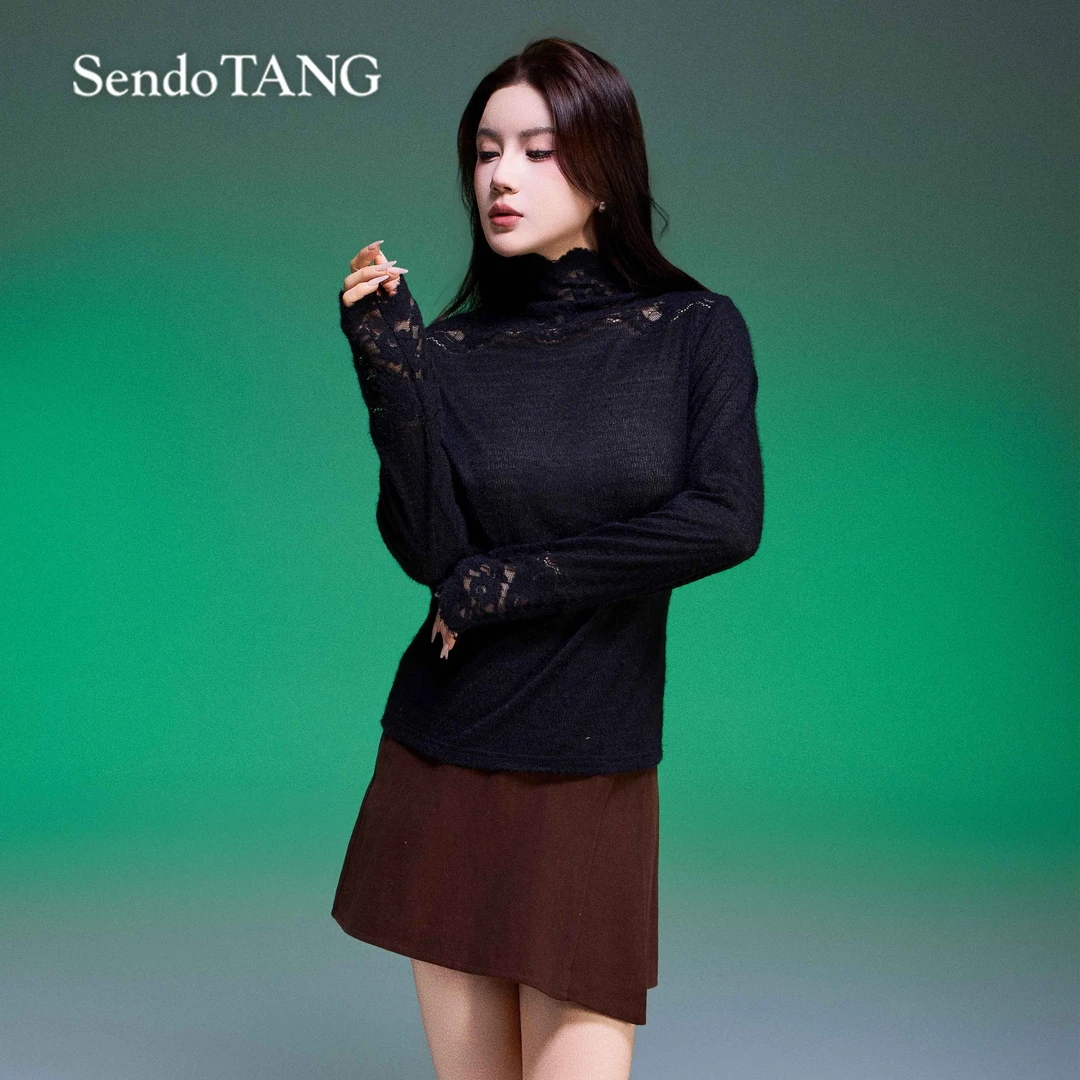 温柔打底【东方新贵】胖多女装时尚新款蕾丝拼接显瘦百搭长袖打底