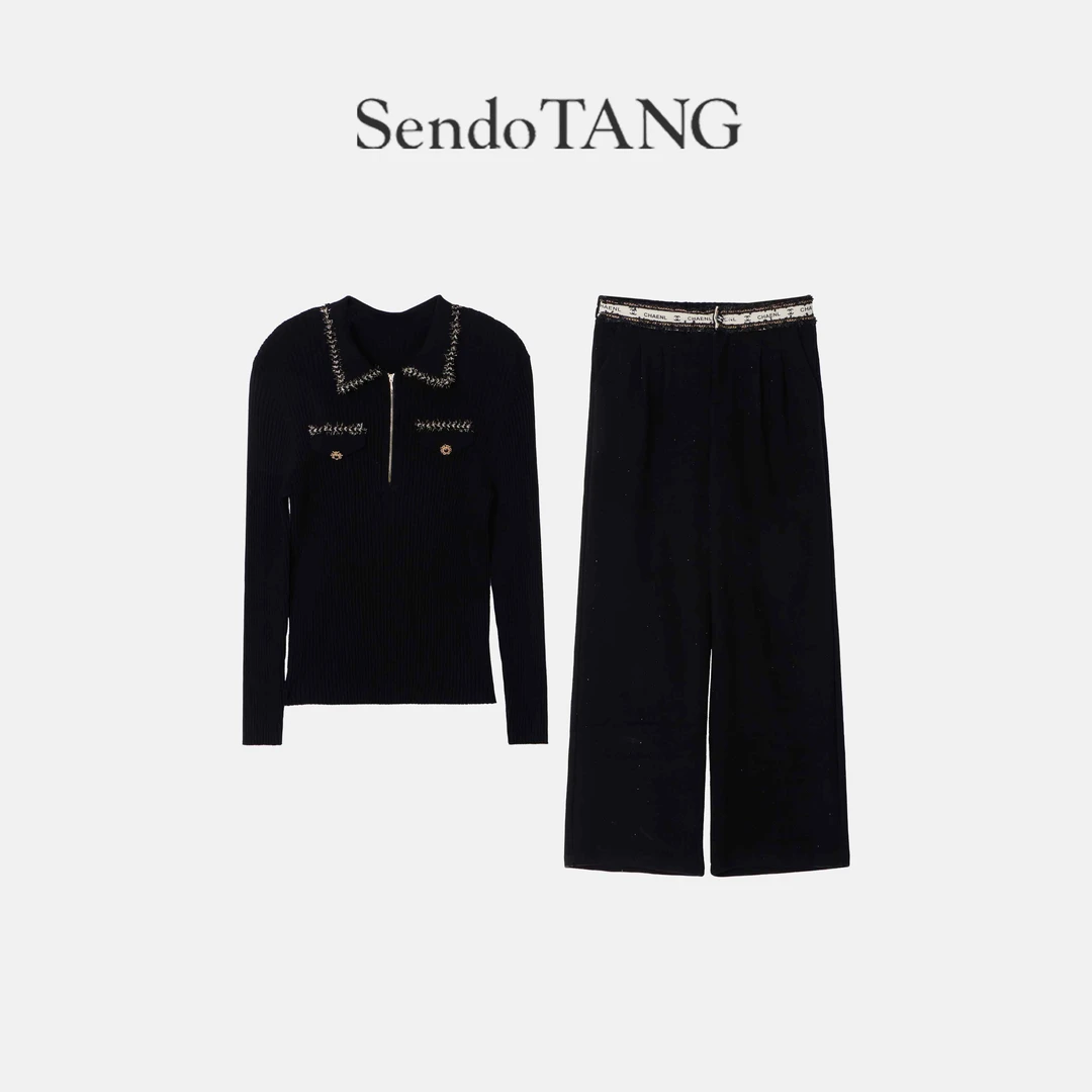 重工链条【 优雅代号】胖多女装新款时尚修身显瘦针织衫裤子套装