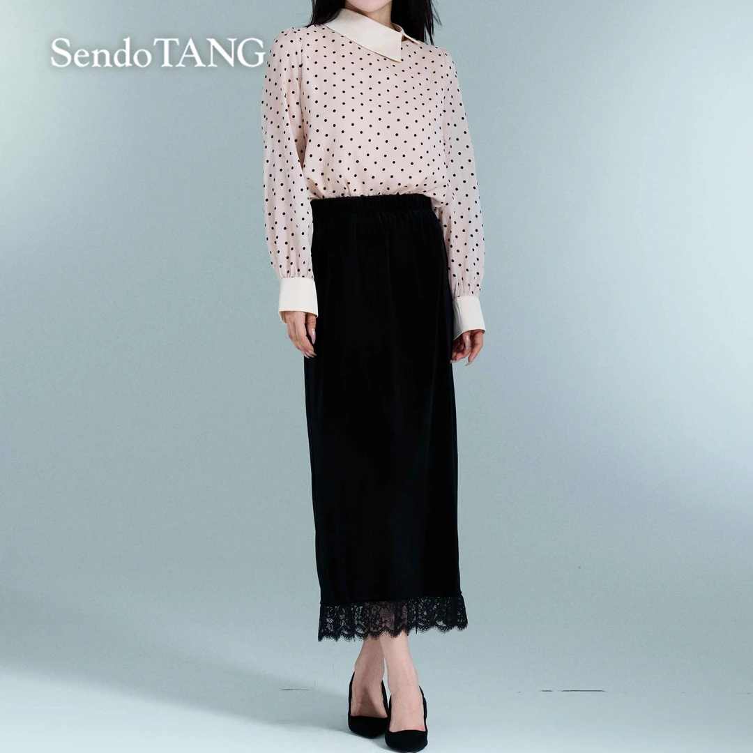 【魅力磁场】胖多女装时尚优雅波点衬衫蕾丝拼接半裙套装