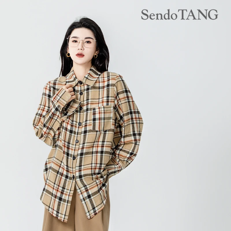 【在洲 】胖多家洋气大码气质设计秋款宽松显瘦格子上衣衬衫