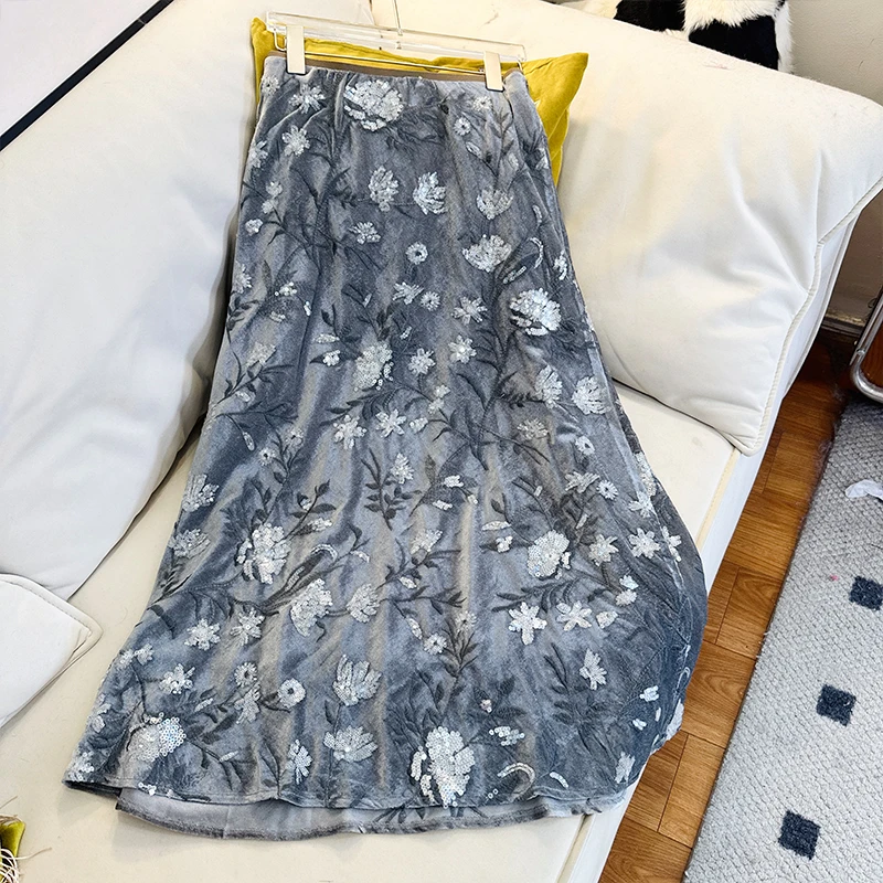 94BQ3110复古刺绣气质半身裙女新款秋冬中长款A字半裙高腰裙子女