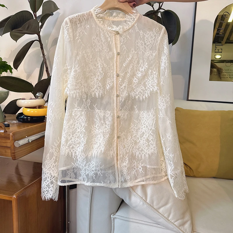 83SY1177小香风蕾丝衬衫花边立领单排扣网纱钩花外披女气质设计感