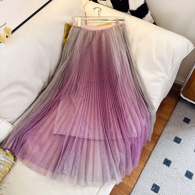 74BQ2050渐变色百褶半身裙女春夏新款显瘦网纱裙仙女裙子纱裙