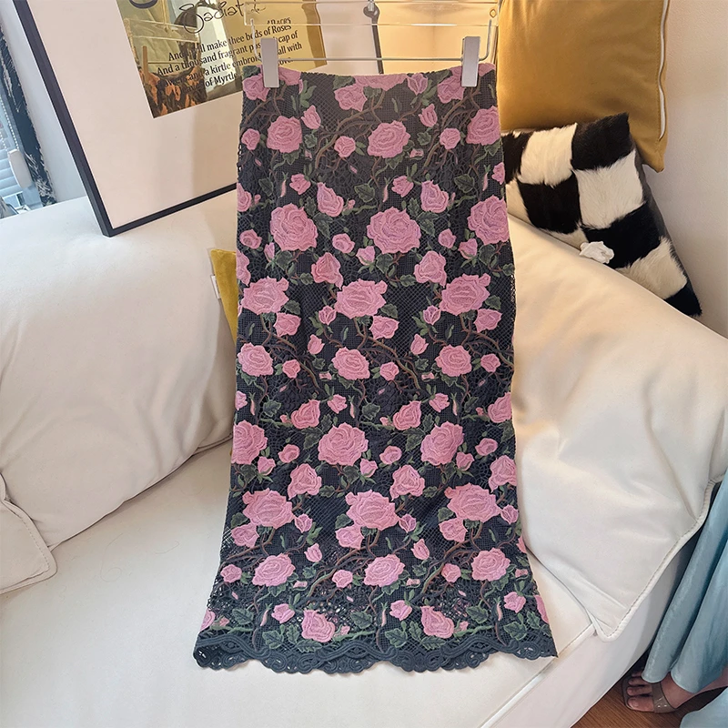 44BQ1719法式复古花朵高腰蕾丝半身裙女时尚气质中长款夏季蕾丝裙