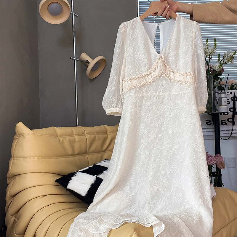 43YQ1026连衣裙性感气质女士夏季法式薄款v领纯色甜美长款裙子