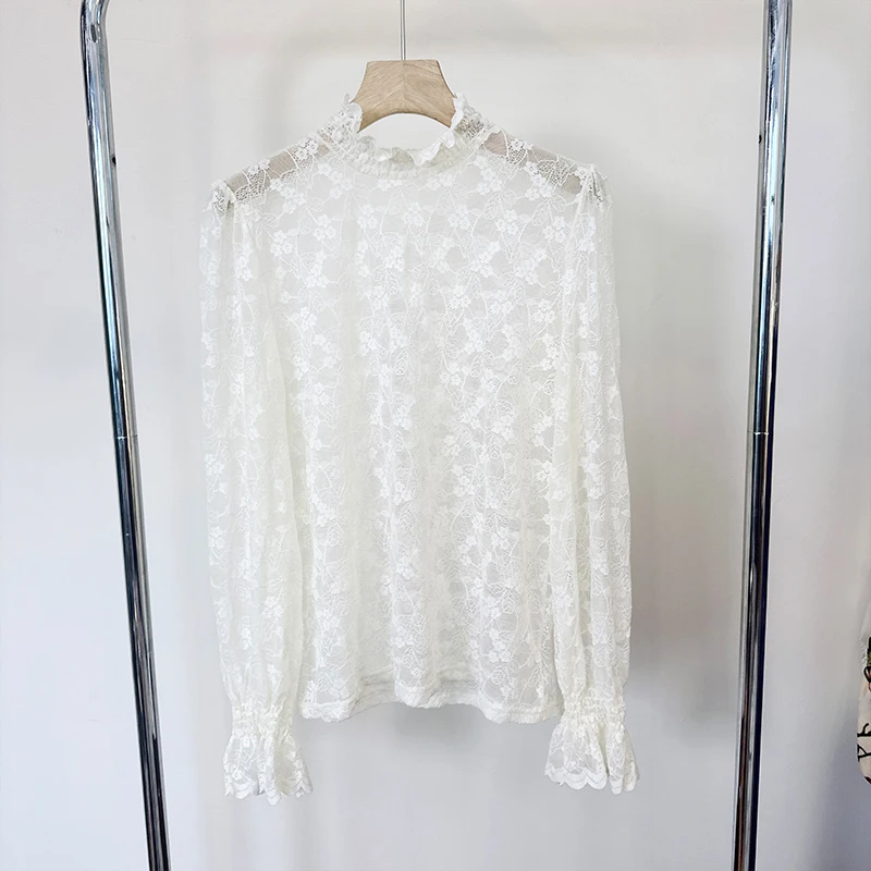 104SY3260镂空小衫内搭半高领蕾丝打底衫女洋气网纱上衣时尚长袖