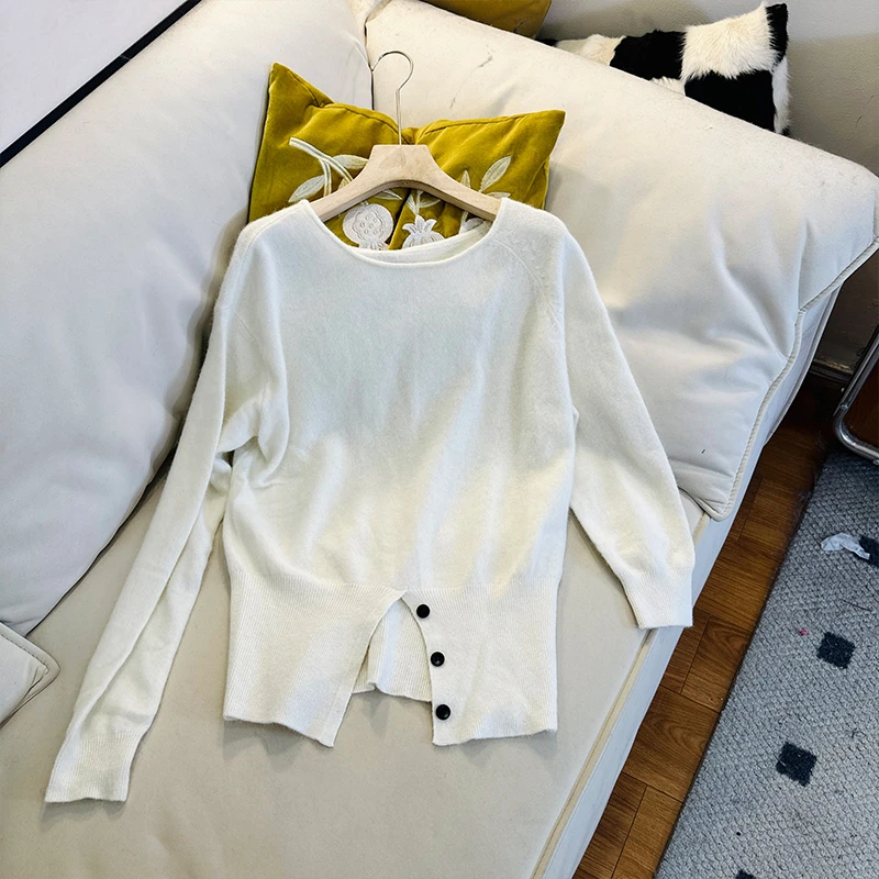 94MS3117不规则开叉长袖打底针织衫女早秋季长袖毛衣气质别致上衣