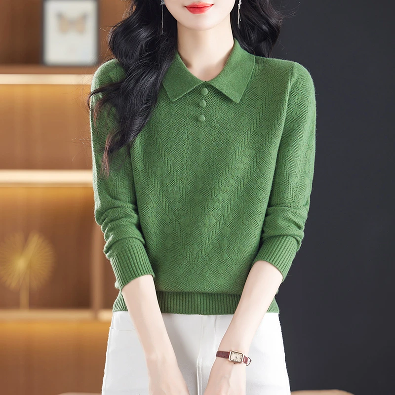 翻领针织打底衫春秋毛衣女洋气提花妈妈装2024年新款宽松百搭上衣
