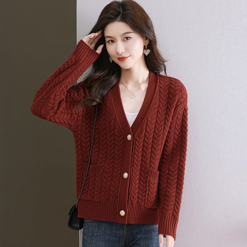 100纯羊毛衫女开衫秋季新款针织开衫外套洋气宽松纯色外搭毛衣