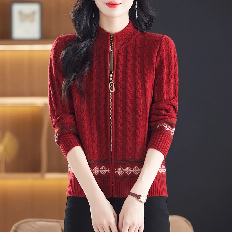 2024年新款立领针织外套春秋妈妈拉链毛衣外搭时尚宽松开衫7962