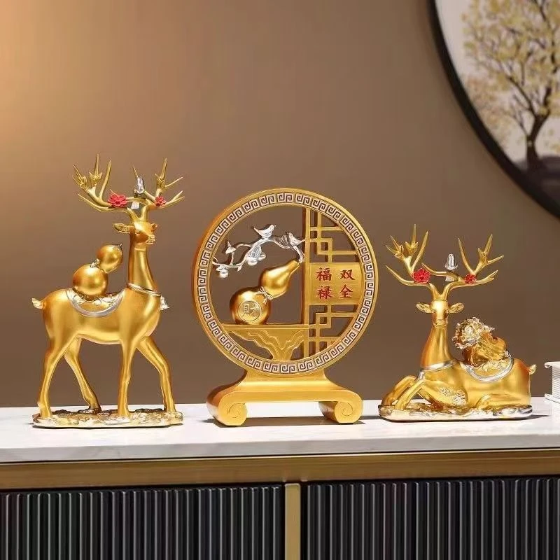 DM福鹿三件套中式高档摆件客厅玄关酒柜电视柜家居装饰乔迁搬家