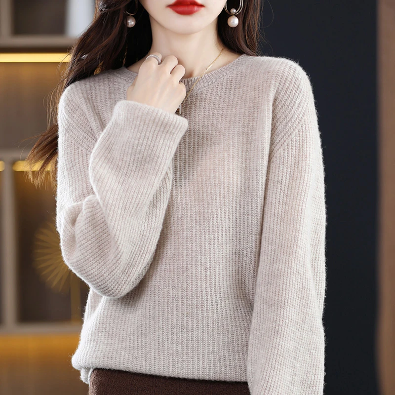 23春秋新款100%纯羊毛衫女圆领元宝针毛衣加厚宽松羊毛衫打底衫