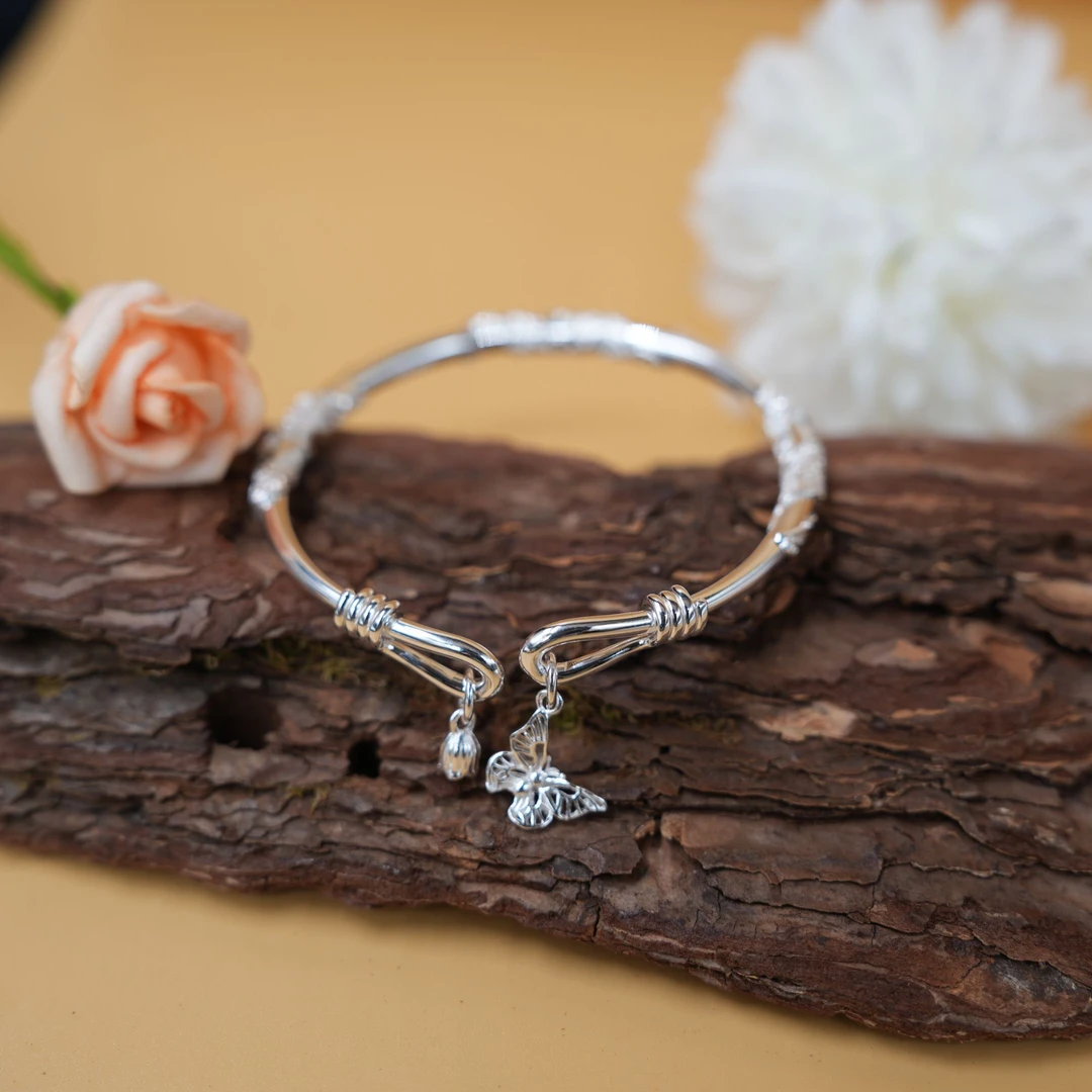 云银雪山 足银手镯 YHA567【花玲蝶舞开口镯】足银999 25±1g