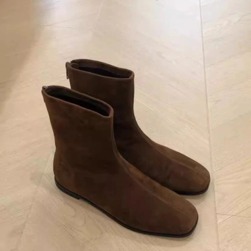 韩版2023秋冬新款方头平底瘦瘦靴复古百搭裸靴踝靴马丁靴软皮短靴