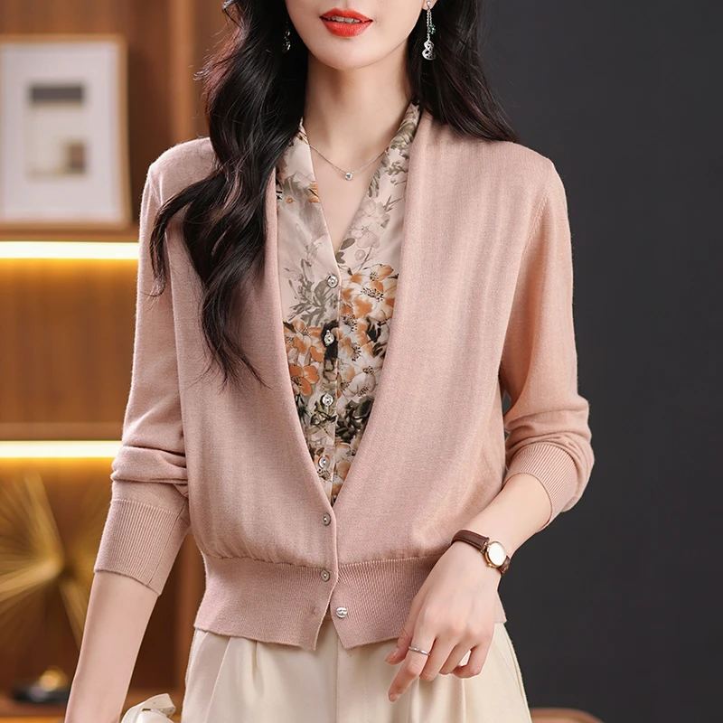 水墨画贵妃领早秋假二件针织开衫