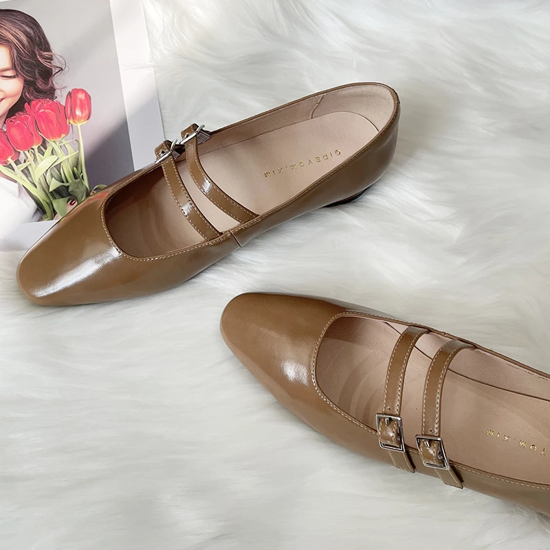 字带复古玛丽珍鞋 平跟浅口小皮鞋芭蕾舞鞋