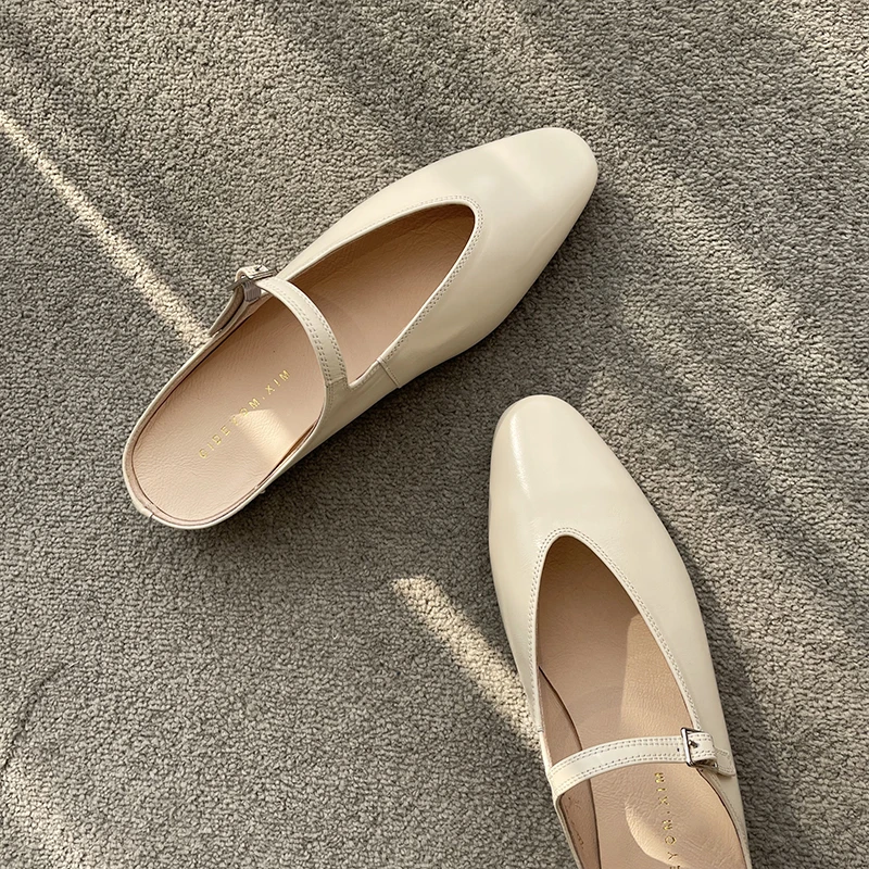 一字带半拖鞋2023新款粗跟包头凉拖鞋懒人一脚蹬平底真皮穆勒鞋女