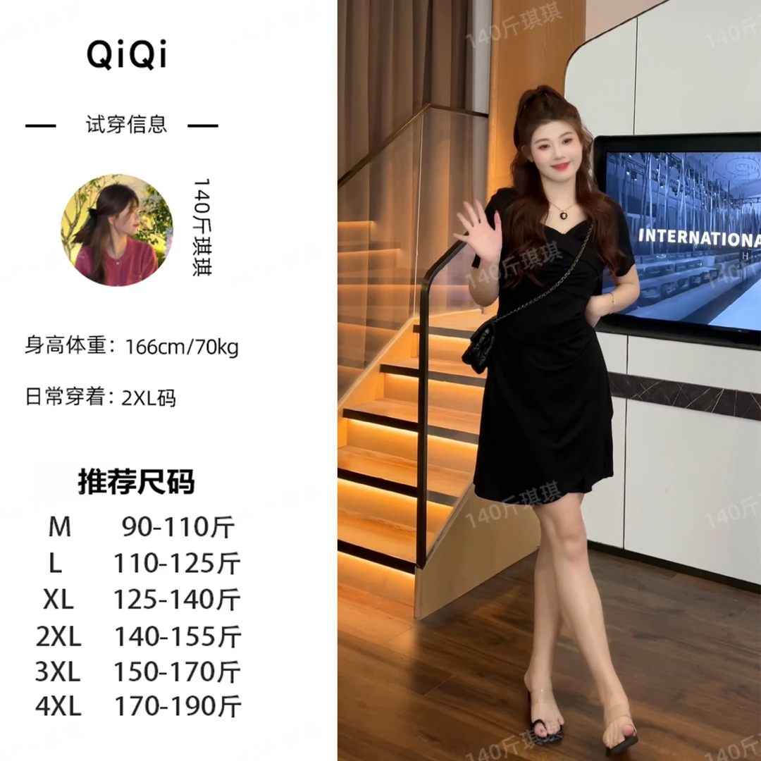 琪琪微胖定制~春夏穿搭胖mm遮肚气质显瘦藏肉短袖连衣裙