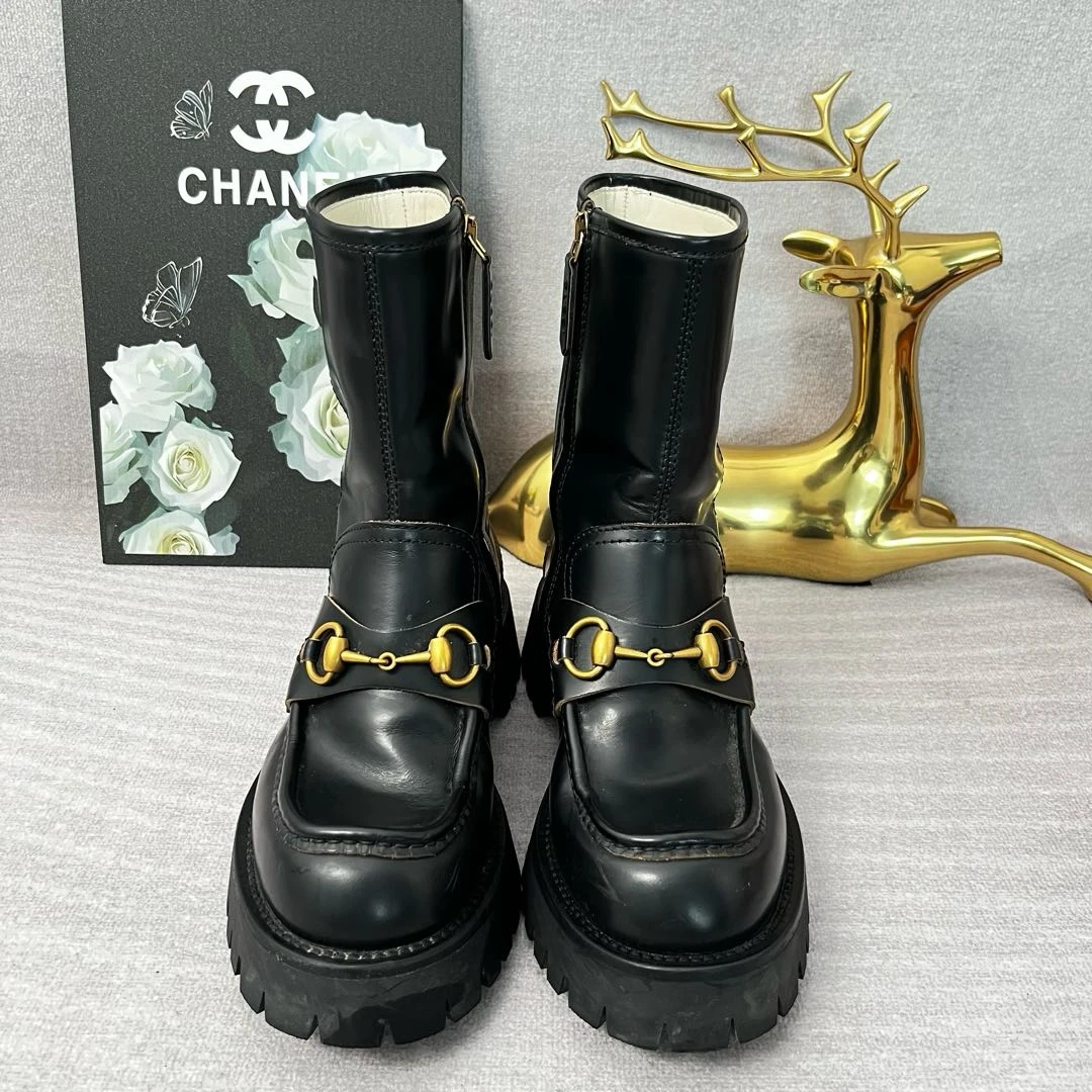 GUCCI 古驰 马衔扣 时尚休闲短靴 女款 黑色 37码95新