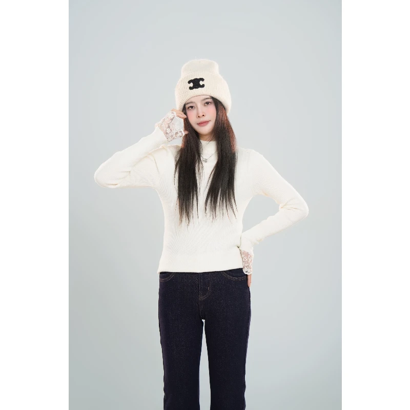 宿慕小雨自产女款蕾丝拼接针织衫11-28冬季2024新款打底衫C45066