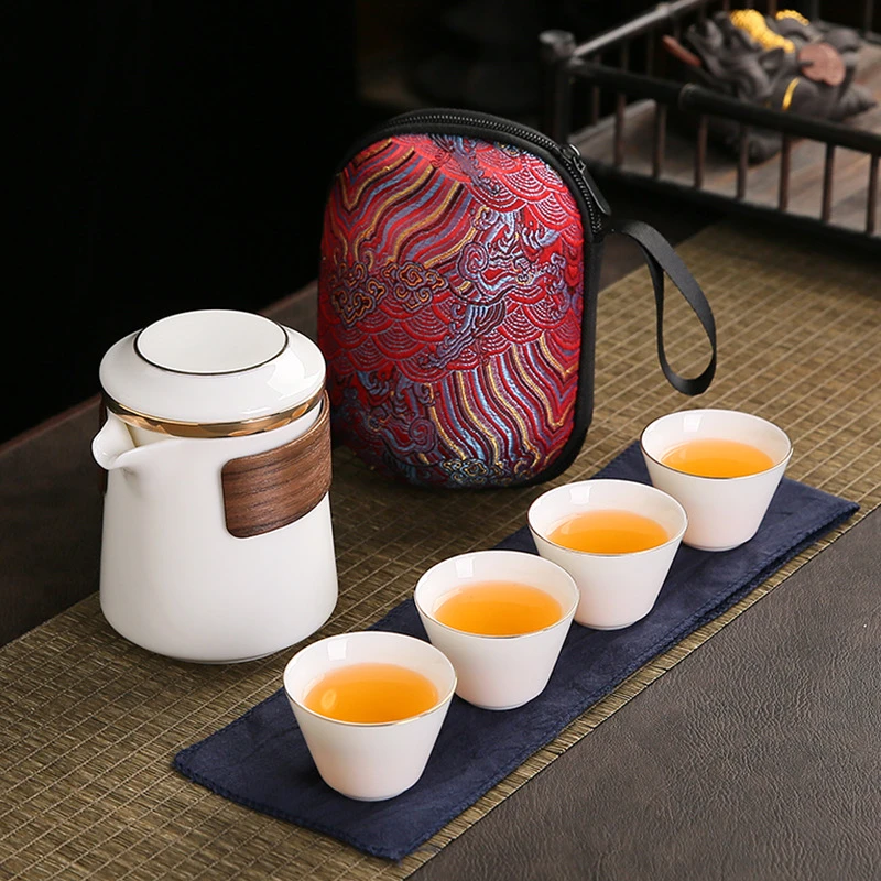 【描金升级款】羊脂玉瓷 茶具套装 旅游泡茶便携包 一壶四杯简约