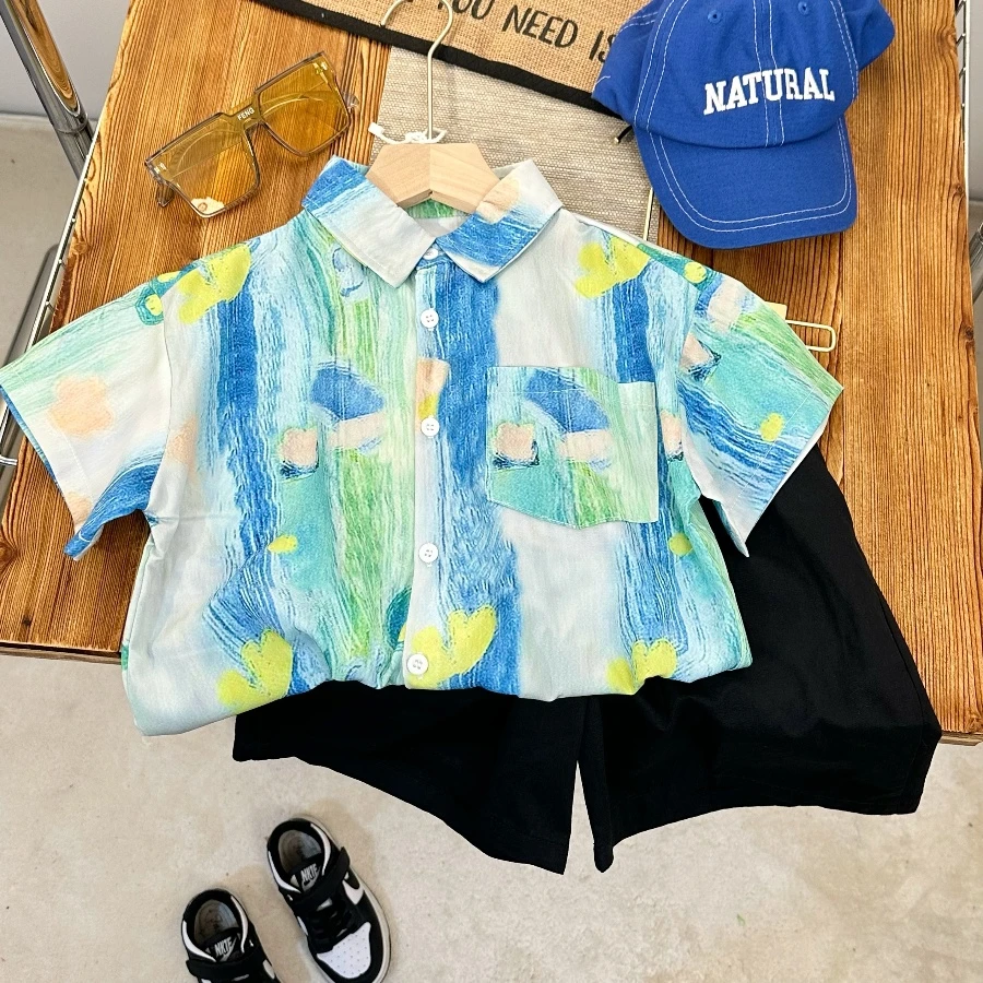 《水漫画》儿童衬衫2024卡通动漫儿童夏威夷花衬衫韩版