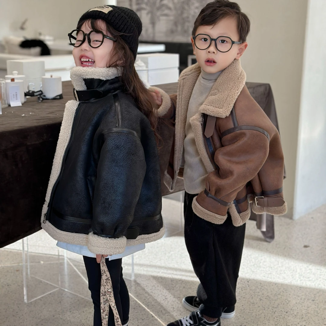 《亲子款》加绒冬款皮毛一体软糯休闲宽松韩版复古皮毛一体机车外套