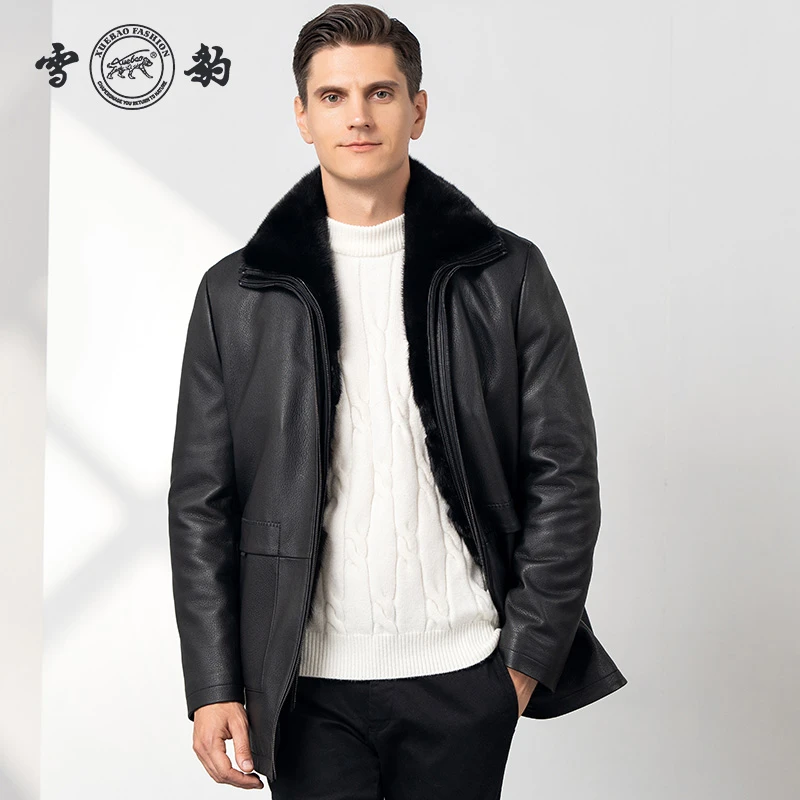 XUEBAO  FASHION/雪豹86465鹿皮水貂毛领中长款翻领商务男士夹克