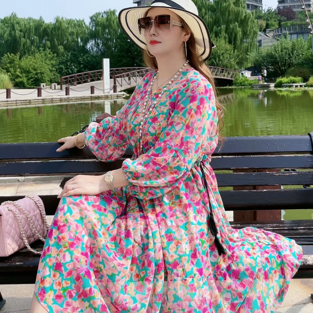 高品雪纺秋夏超显瘦三色叶连衣裙时尚洋气宽松遮肉