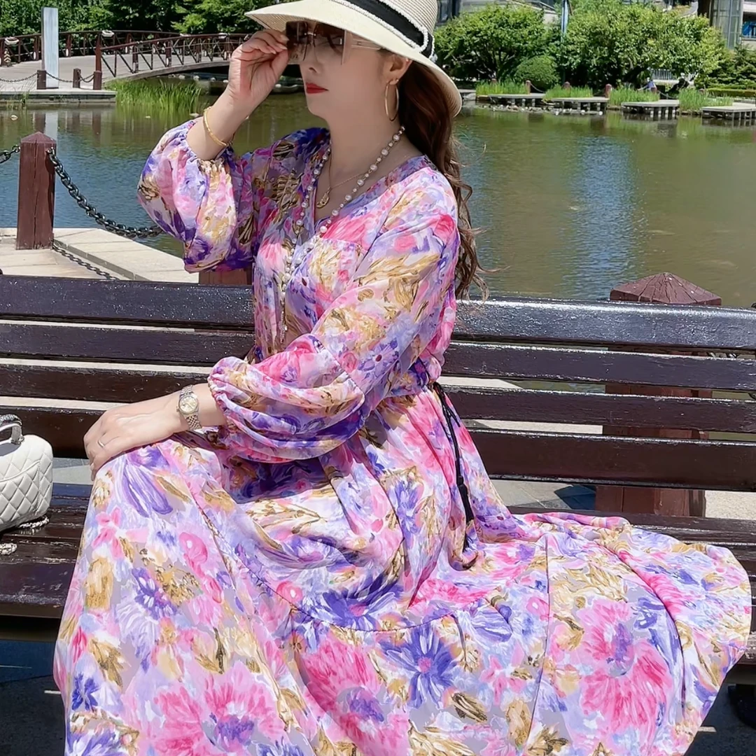 高品雪纺春夏超显瘦粉蓝菊花连衣裙时尚洋气宽松遮肉