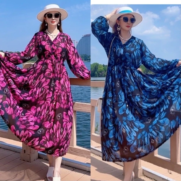 高品雪纺V领 前抽绳玫粉　蓝羽毛连衣裙时尚洋气宽松显瘦