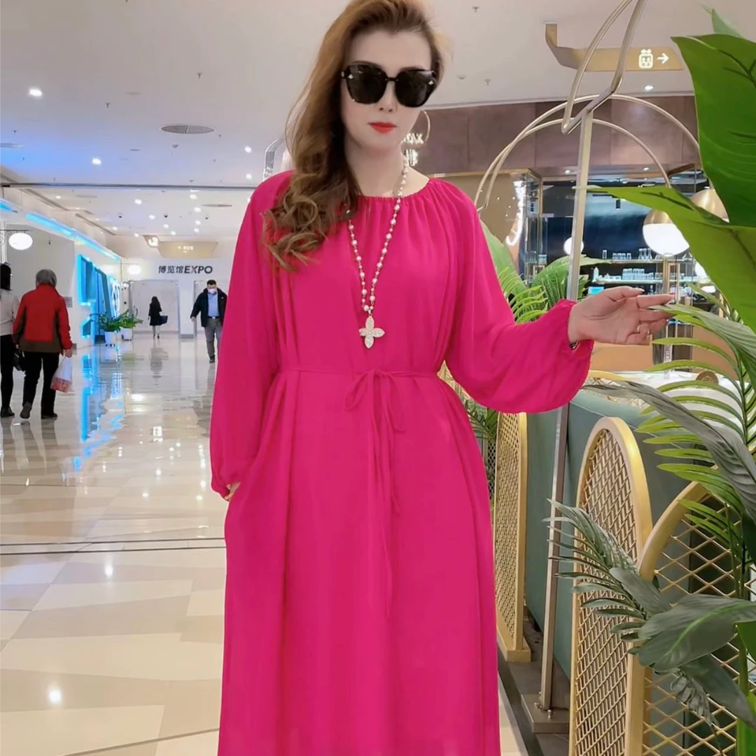 高品雪纺圆领一字肩玫红 绿 紫 黄 黑系腰绳连衣裙时尚洋气宽松显