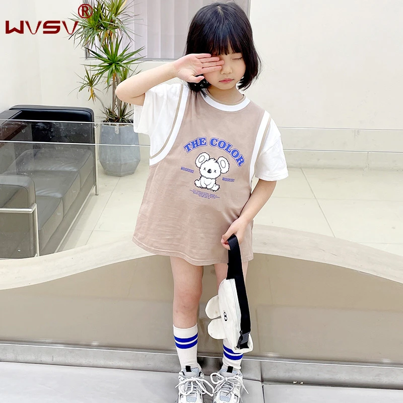 WVSV儿童假两件T恤宝打底衫女童短袖上衣小童装洋气2022夏装新款