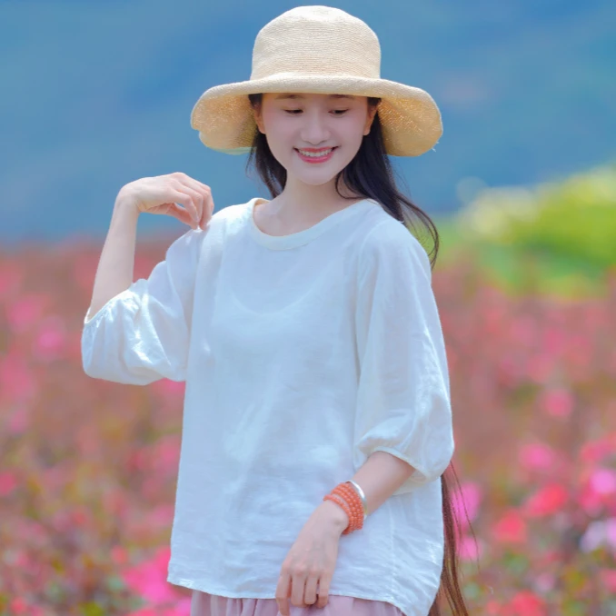 《泡泡袖亚麻上衣》上衣/