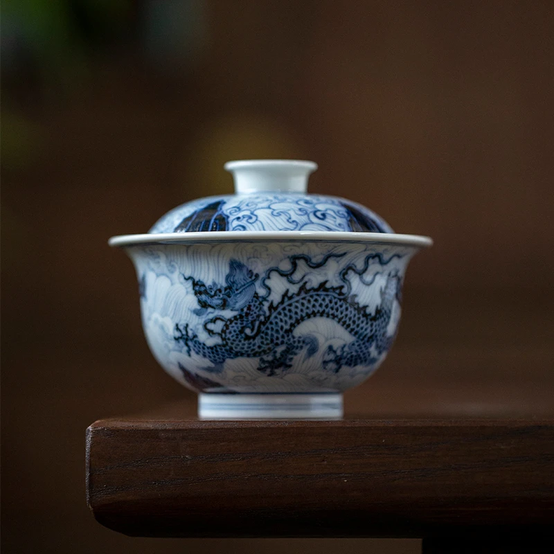 御景堂青花茶具高档釉下瓷器龙纹盖碗复古纯手工景德镇器具120ml