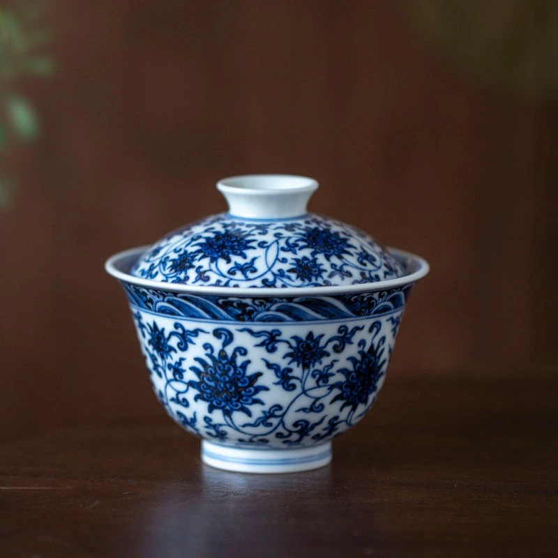 青花缠枝石榴二才盖碗泡茶碗景德镇陶瓷茶具手工手绘150ml