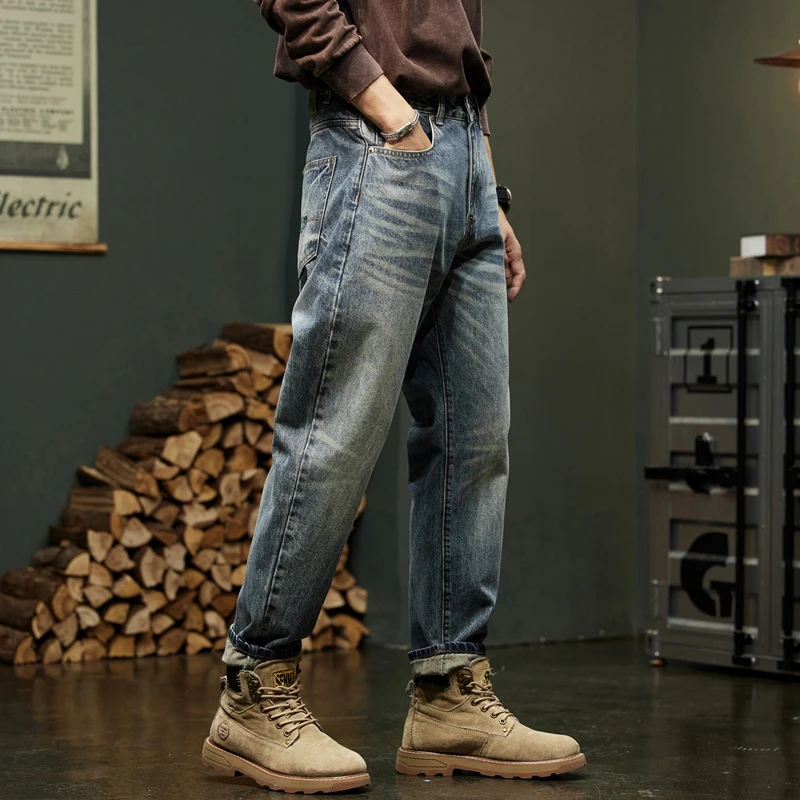 帅气复古水洗牛仔裤新款质感做旧宽松百搭长裤休闲男牛仔裤01182