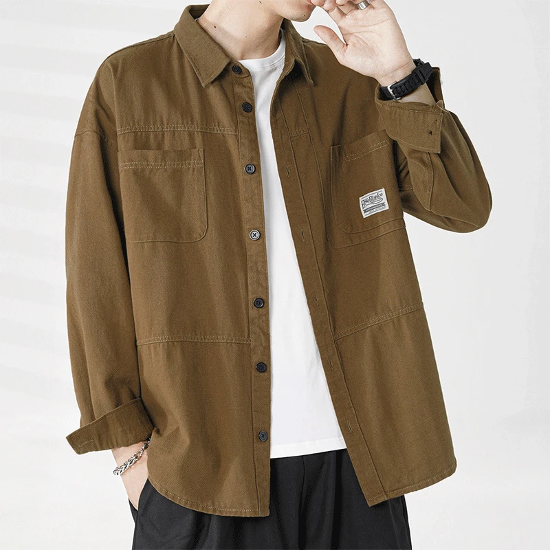 棉质男士长袖衬衫春秋季宽松休闲百搭潮流工装帅气复古寸衣外套男
