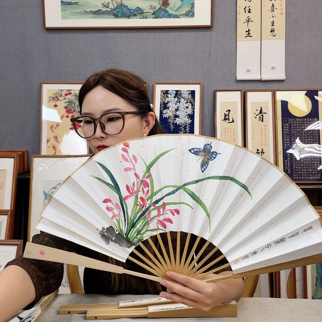 绘画10寸玉竹-纯手绘-文玩扇骨（默认粘好）