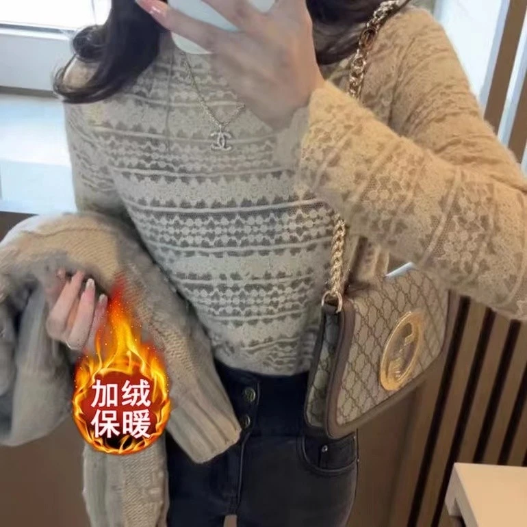 薄款/加绒半高领蕾丝镂空打底衫女洋气时尚秋冬新款内搭网纱上衣