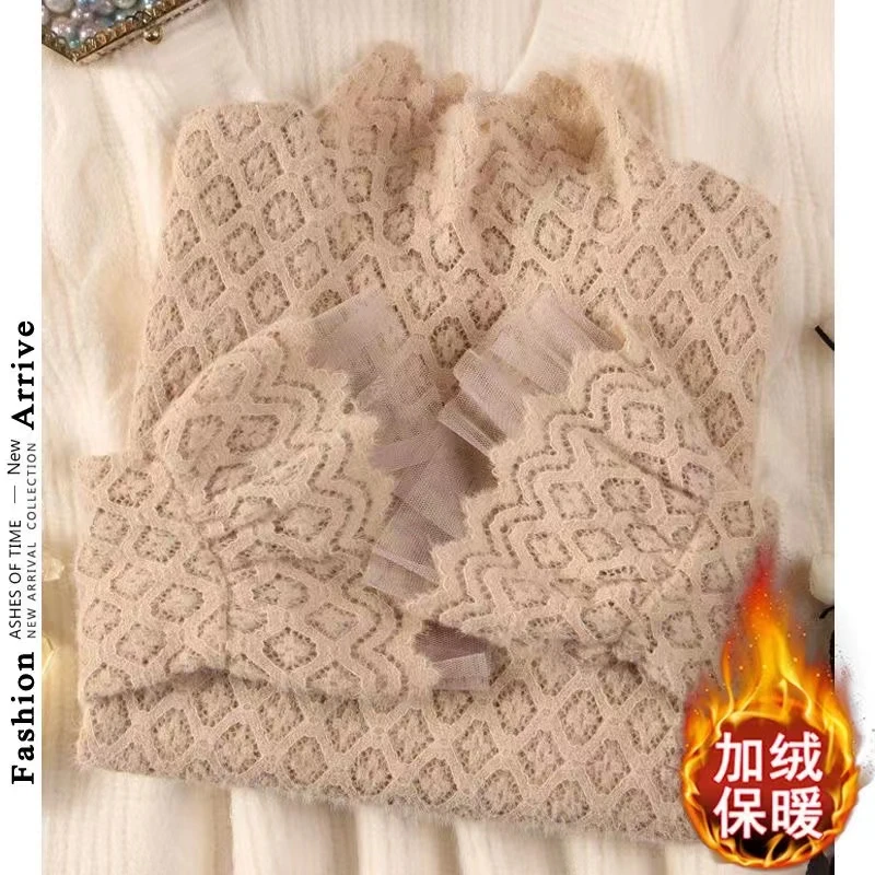 植绒加绒加厚磨毛半高领蕾丝长袖女装春季新款保暖内搭打底上衣女