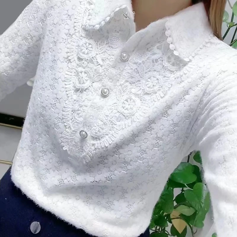 蕾丝衫娃娃领T恤女长袖2025秋冬装气质内搭加绒厚打底上衣衬衫